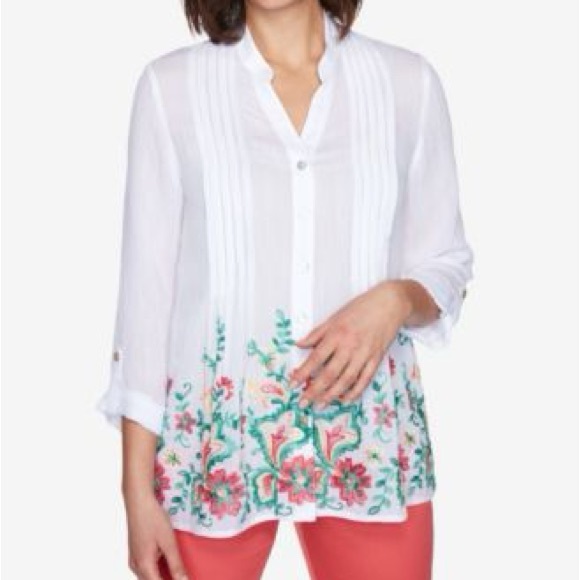 Ruby Rd. Tops - Ruby Road Woman Embroidered Silky Gauze Top Size 1x